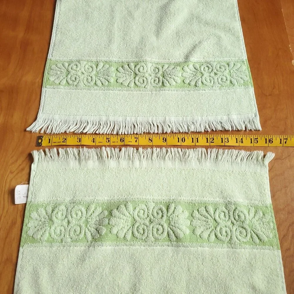 VTG Cannon Hand Towel Lot of 2 Green Sculpted Floral Fringe USA MCM Style READ